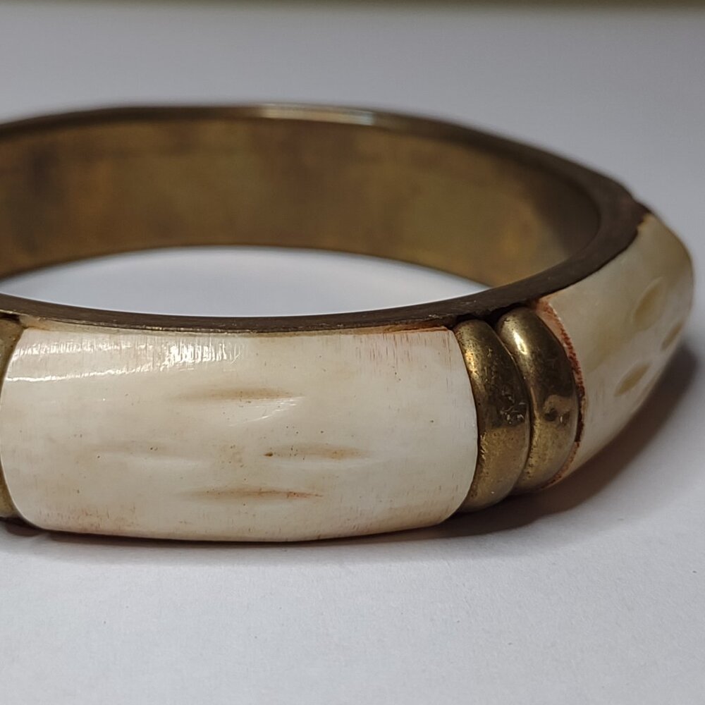 8 Inch Vintage Hexagon Brass And Bone Bangle